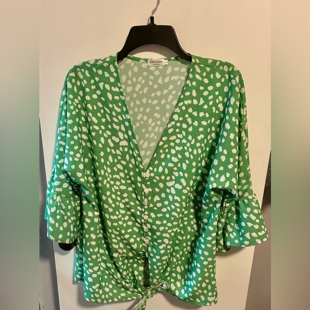 Kancystore Green White Button Tie V-Neck 3/4 Sleeve Animal Print Blouse L Women